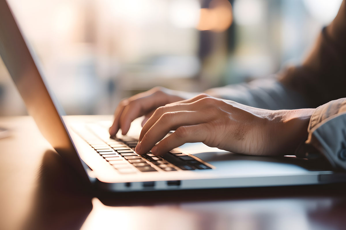 AdobeStock 635497383 1200x800 Close-up of hands typing on a laptop keyboard. The soft focus background shows a bright room with natural sunlight filtering through, enhancing the warm atmosphere. The scene suggests productivity and modern technology use.