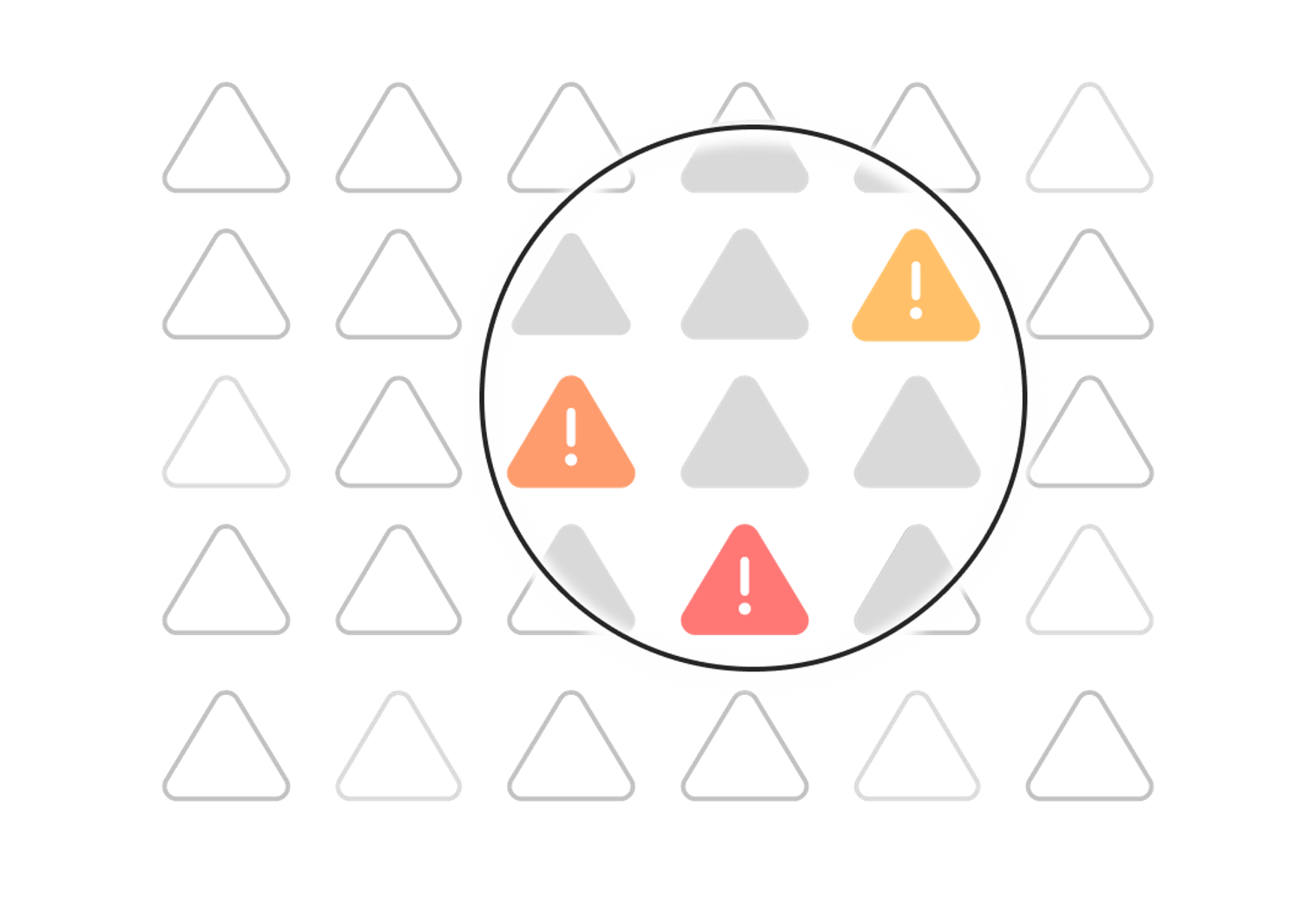 A group of outlined triangles with a few colored triangles containing exclamation marks inside a magnifying glass, highlighting potential warning signs among the group.