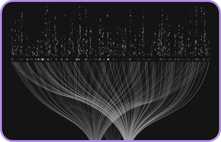Pac Abstract digital art showing binary code (0s and 1s) raining down from the top, with curved white lines flowing downward and converging, set against a black background with a purple border.