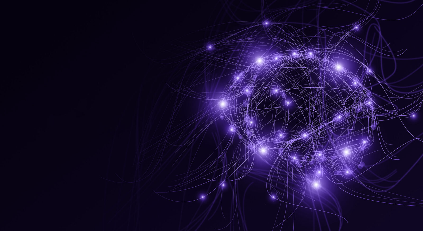 Abstract digital illustration of a brain outlined with glowing, interconnected purple lines and nodes on a dark background, symbolizing AI or neural networks—ideal for concepts like FDA vulnerability management or advanced cybersecurity solutions.