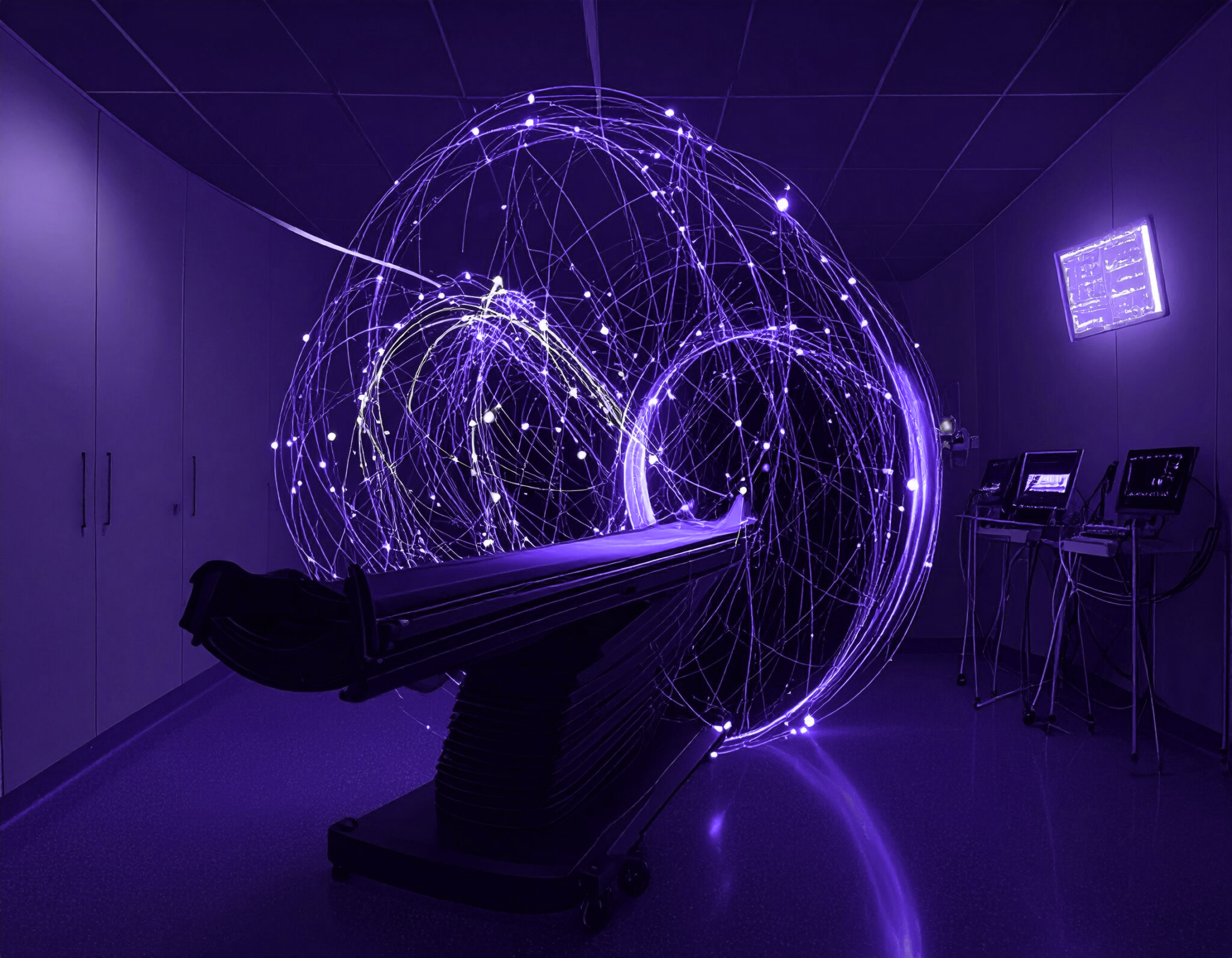 A futuristic hospital room with a sleek, empty exam table surrounded by glowing, swirling purple light trails, evoking advanced technology, FDA-approved medical equipment in the background, and hints of cybersecurity vulnerability management.
