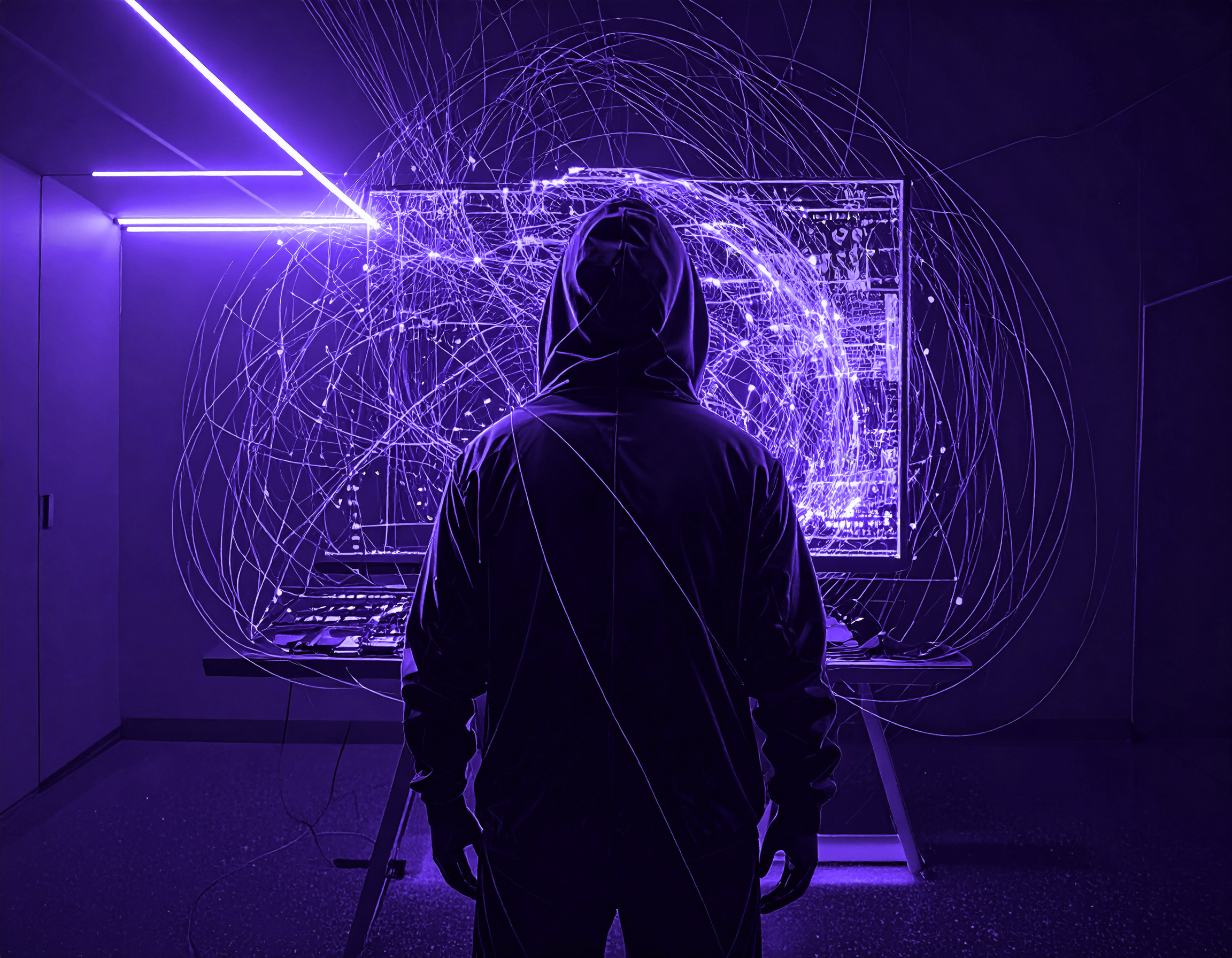 A person in a hooded jacket stands in front of a large computer screen in a dark room, illuminated by purple light, with swirling digital lines representing FDA vulnerability management or cybersecurity activity.